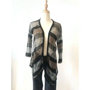 Sparkle & Fade Open Weave Cardigan Silver Black Open Front Medium Stripes